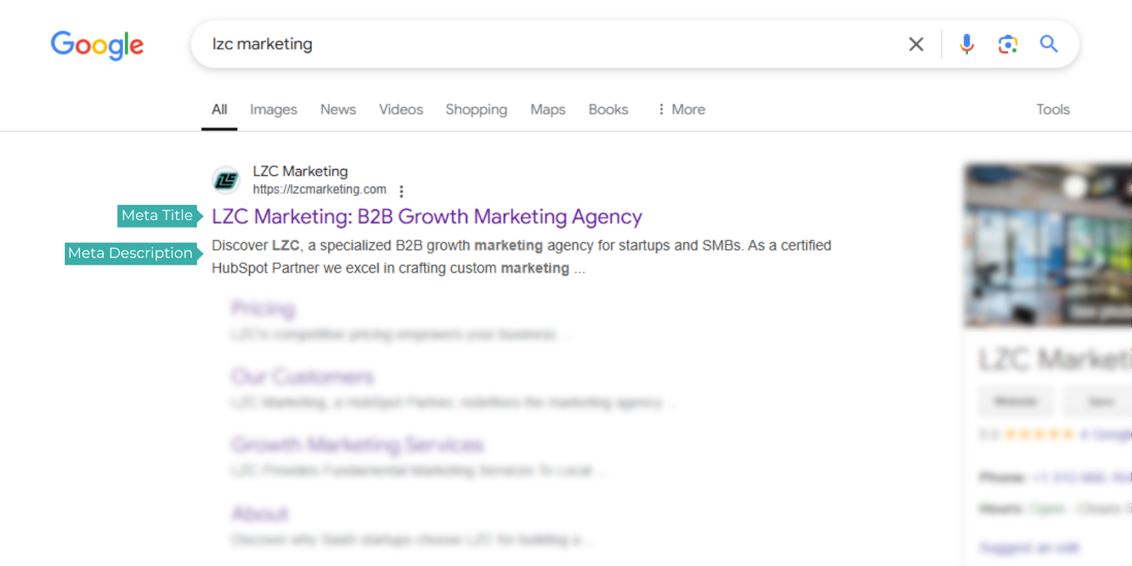 Google search results of a marketing agency with a good meta title and meta description, emphasizing the importance of meta tags in on-page SEO.