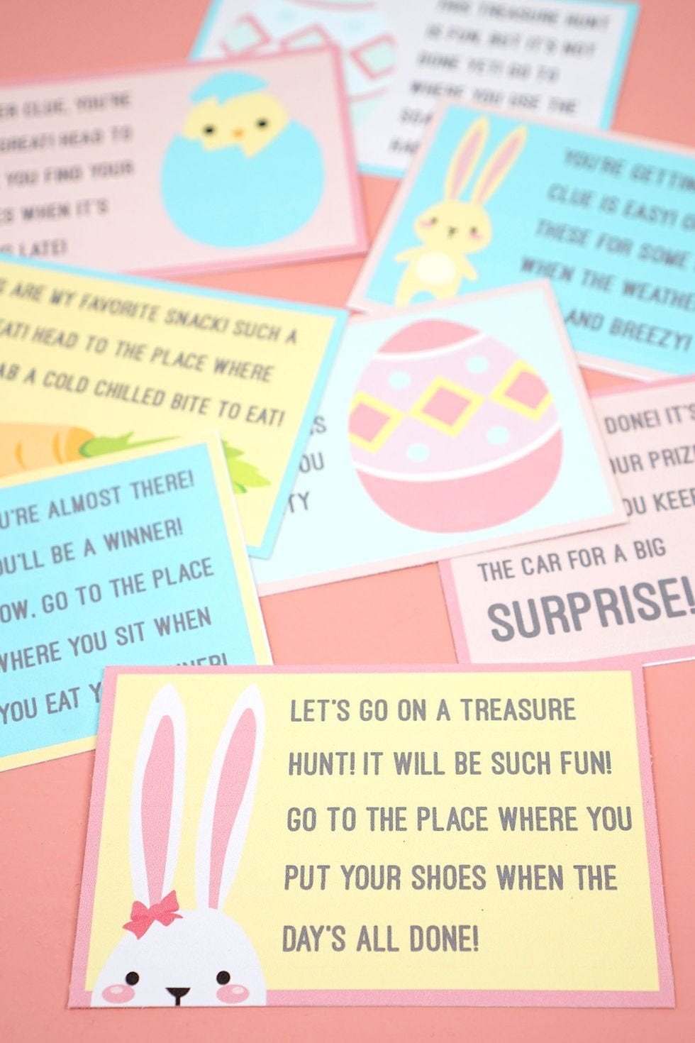 easter egg hunt ideas, easter themed cards with written riddles