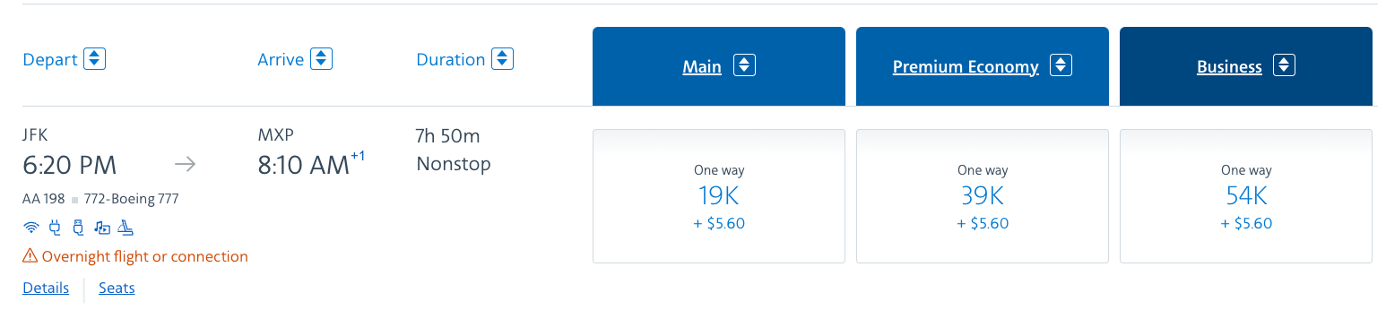 JFK to MXP on AA