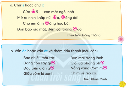 CHỦ ĐỀ 6: CÙNG EM SÁNG TẠOBÀI 3: BÀN TAY CÔ GIÁOKHỞI ĐỘNGTrao đổi với bạn về những công việc hằng ngày của thầy cô giáo lớp em theo gợi ý:Giải nhanh:Dạy họcChấm bàiSinh hoạt lớpKHÁM PHÁ VÀ LUYỆN TẬP1)Đọc và trả lời câu hỏi:Câu 1: Cô giáo đã tạo những gì từ những tờ giấy màu?Câu 2: Tìm từ ngữ cho thấy:a. Cô giáo tạo ra bức tranh rất nhanh và rất khéo.b. Những sản phẩm cô giáo làm ra rất đẹp.Câu 3: Em thích hình ảnh nào trong bức tranh của cô giáo? Vì sao?Câu 4: Bài thơ nói về điều gì?* Học thuộc lòng bốn khổ thơ cuối.Giải nhanh: Câu 1: Chiếc thuyềnMặt trờiMặt nướcCâu 2: Tìm từ ngữ cho thấy:a. Cô giáo tạo ra bức tranh rất nhanh và rất khéo.thoắt, mềm mại, rất nhanh, như phép mầu nhiệmb. Những sản phẩm cô giáo làm ra rất đẹp.chiếc thuyền xinh quámặt trời đã phômặt nước dập dềnhCâu 3: Em thích hình ảnh trong bức tranh của cô giáo:“Cô gấp cong congThoắt cái đã xong Chiếc thuyền xinh quá”=> Hình ảnh cho thấy cô giáo rất khéo tay và mọi sản phẩm được làm ra từ bàn tay cô rất khéo léo và tinh tếCâu 4: Bài thơ nói về cô giáo của em rất khéo tay.2) Đọc một bài văn về nghề nghiệp hoặc một sản phẩm sáng tạo em thích:a. Viết vào Phiếu đọc sách những nội dung em thích.Giải nhanh:Bố của em là một thợ mộc giỏi có tiếng trong làng. Ngày nào, bố cũng làm việc chăm chỉ từ sáng đến tối mịt. Có hôm bố còn làm đến tận khuya để kịp giao đồ cho khách. Bằng đôi bàn tay tài hoa và những chiếc đục, cưa, mài… bố biến những khúc gỗ thành các món đồ đẹp và tiện dụng. Mỗi khi làm việc, bố cởi trần, mồ hôi nhễ nhại, nhưng gương mặt thì luôn sáng rỡ và vui tươi. Em thương bố rất nhiều và thương luôn cả công việc của bố nữa. a. Viết vào Phiếu đọc sách những nội dung em thích.- Nghề nghiệp: Nghề thợ mộc- Đặc điểm: Rất vất vả, làm việc ngày đêm- Yêu cầu: Chăm chỉ, tỉ mỉ và khéo léob. Trao đổi với bạn về những điều đáng quý của nghề nghiệp hoặc đặc điểm em thích ở sản phẩm sáng tạo được nhắc đến trong bài văn.Nghề thợ mộc là nghề rất vất vả, đòi hỏi sự chăm chỉ, tỉ mỉ và khéo léo. Mình rất chân trọng những người làm nghề thợ mộc.1) Nhớ - viết: Bàn tay cô giáo (từ Một tờ giấy đỏ... đến hết)Giải nhanh: Học sinh tự viết2) Viết lại vào vở cho đúng các tên người nước ngoài.a. Lu-i thường rủ Véc-Xen đi câu cá.b. Ông Giô-dép dắt Lu-i đến gặp thầy rơ-nê.c. l-sắc niu-tơn (1642 - 1727) là một nhà khoa học vĩ đại người Anh.Giải nhanh: a. Lu - i, Véc - xenb. Giô-dép, Lu-i, Rơ-nê.c. l-sắc Niu-tơn3) Tìm chữ hoặc vần thích hợp với mỗi chỗ chấm:Giải nhanh:a. Chữ s hoặc chữ xCửa sổ - con mắt ngôi nhàMở ra nhìn khắp núi xa, sông dàiCho em ánh sáng học bàiĐón bao gió mát, đêm cài trăng sao.Theo Trần Hồng Thắngb. Vần âc hoặc vần ât và thêm dấu thanh (nếu cần)Bao nhiêu mặt trờiĐang còn say giấcĐậu trên dàn gấcGiữa vòm lá xanh Ban mai trong lànhGió lùa phảng phấtNắng vàng ươm mậtChim về reo ca...Theo Khuê Minh1) Đọc đoạn văn, tìm các cặp từ ngữ có nghĩa giống nhau.Bình theo bố mẹ vào Đồng Tháp. Không bao lâu, Bình nhanh chóng biết được vịt xiêm là con ngan, củ mì là củ sẵn, kẹo độu phộng là kẹo lạc, muối mè là muối vừng,...Yên ĐanGiải nhanh:vịt xiêm là con ngan.củ mì là củ sẵn.kẹo đậu phộng là kẹo lạc.muối mè là muối vừng.2) Tìm 1 - 2 từ ngữ có nghĩa giống với mỗi từ sau:Giải nhanh:Mẹ - mábố - balớn - tođẹp - xinh3) Đặt 1 - 2 câu có sử dụng từ ngữ ở bài tập 2.Giải nhanh:Lan có mái tóc thật đẹp.Bố em là bác sĩ.4) Tìm câu hỏi và từ ngữ dùng để hỏi có trong các đoạn văn sau:a. Thầy hỏi:- Con tên là gì?- Thưa thầy, con là Lu-i Pa-xtơ ạ!Theo Đức Hoàib. Em hỏi bố:- Sao con không được quàng khăn như các anh chị hả bố?Bố xoa đầu Nhị, âu yếm:- Nếu chăm ngon, lên lớp Ba, con sẽ được nhận phần thưởng đặc biệt này.Nguyễn Thị Bích NgọcGiải nhanh:a. Con tên là gì?b. Sao con không được quàng khăn như các anh chị hả bố?VẬN DỤNG