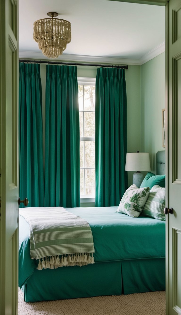 Forest green curtains frame a serene bedroom with hints of nature