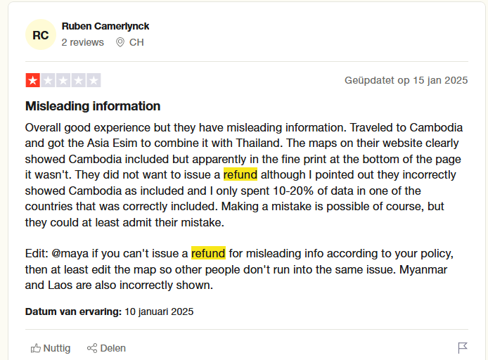 Zrzut ekranu z Tripadvisor, gdzie użytkownik skarży się, że nie otrzymał zwrotu środków pomimo, że operator wprowadził go w błąd źle sprecyzowaną informacją.