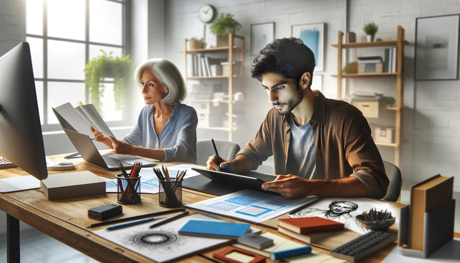 A modern, sunlit workspace with a young man sketching on a tablet and an older woman reading a book. The desk is filled with design materials, books, and stationery, creating a focused and creative atmosphere.