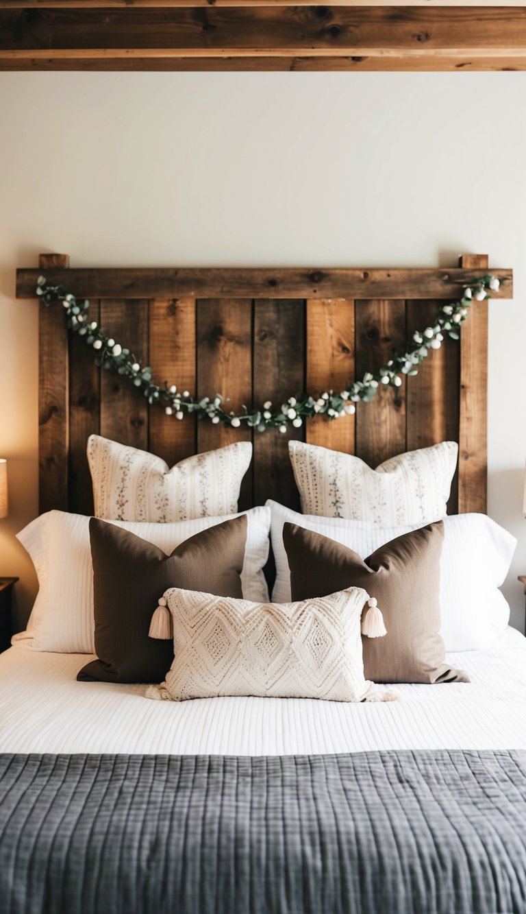 A cozy bedroom with a rustic barnwood headboard surrounded by farmhouse bedding and decorative pillows