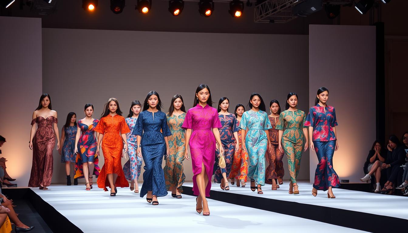 A vibrant fashion runway showcasing contemporary batik designs from Malaysia. In the foreground, elegant models sashay down the catwalk wearing intricate batik patterns in a diverse array of bold, saturated colors. The middle ground features sleek, minimalist staging with a backdrop of muted, neutral tones that allow the batik textiles to take center stage. Dramatic, spotlight-style lighting casts a warm, theatrical glow, highlighting the luxurious textures and vibrant hues of the garments. The overall atmosphere exudes a sense of modern sophistication, celebrating the enduring cultural legacy of batik as a symbol of Malaysian identity.