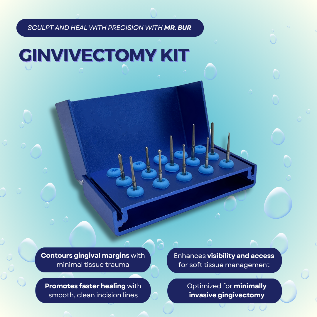 Mr. Bur Gingivectomy Kit for precise gingival recontouring, soft tissue removal, and crown lengthening procedures, preferred by periodontists for clean cuts and minimal trauma.