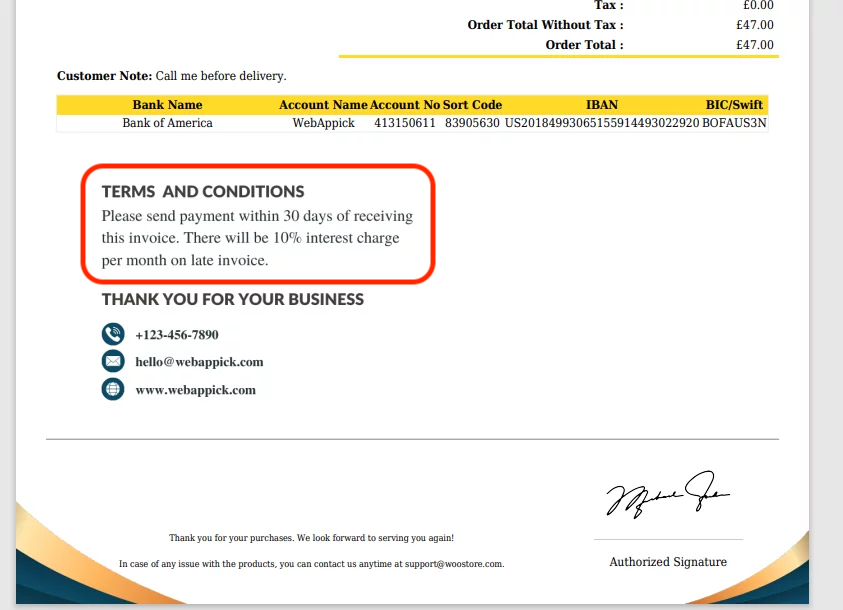 Terms & Conditions in an Invoice