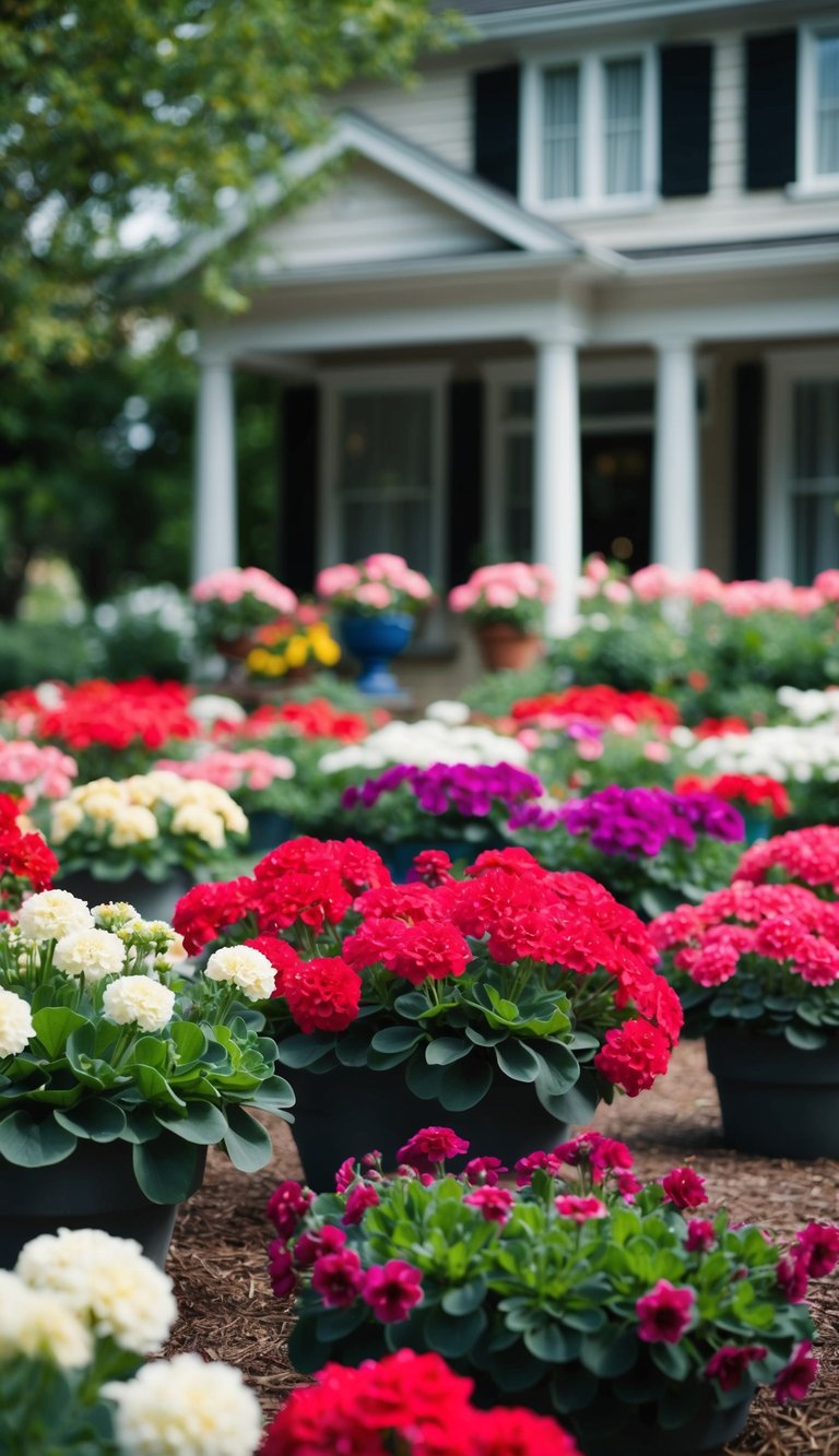 Twenty-one geranium-filled flower beds line the front of the house