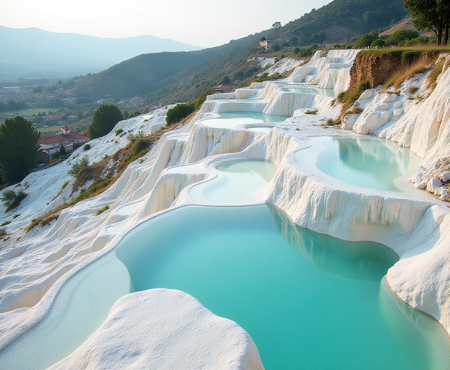 Admire Pamukkale's surreal white terraces filled with mineral-rich thermal waters. This Turkish natural wonder offers a blend of wellness and ancient history. Keywords: Pamukkale, Turkey, thermal pools, natural wonder, travel photography.