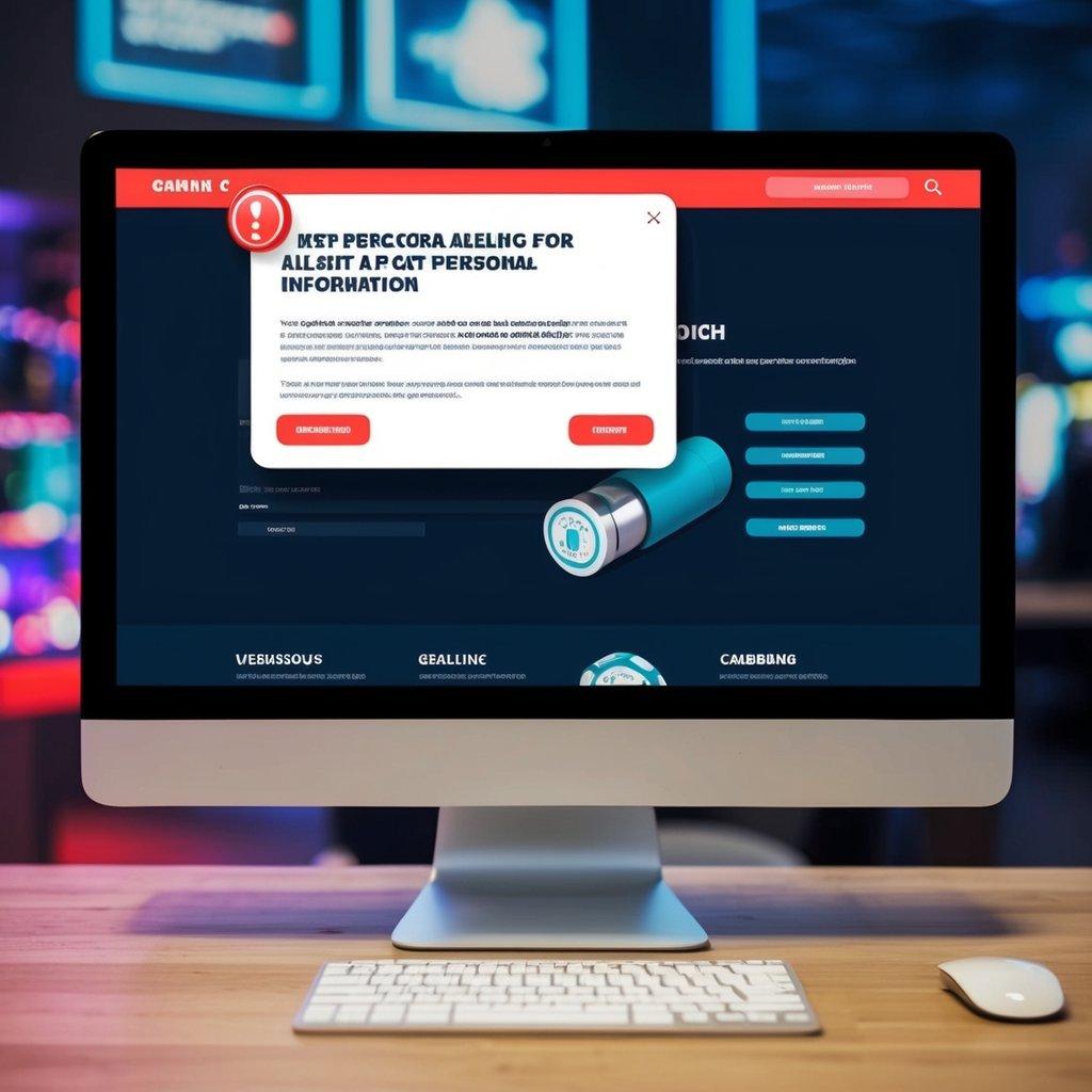 A computer screen displaying a realistic online gambling website with a suspicious pop-up message asking for personal information