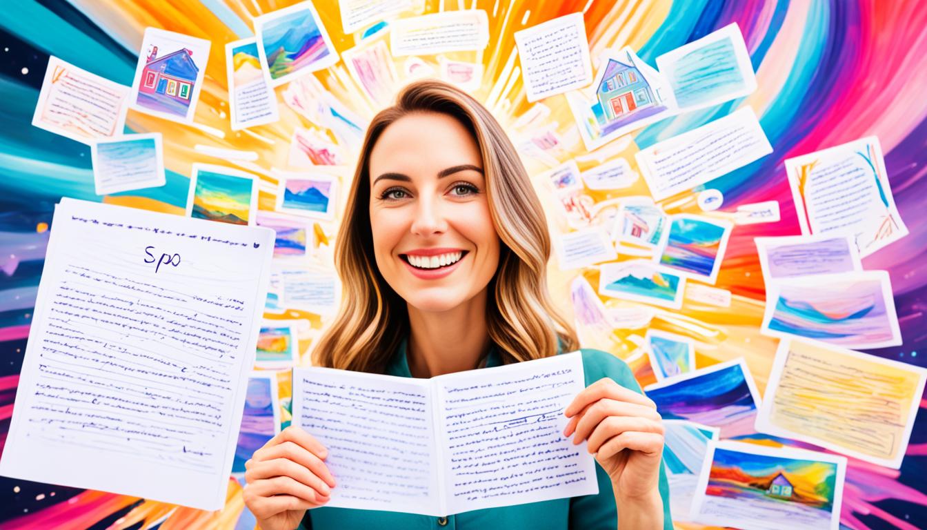 A person looking happy and fulfilled as they hold a written manifestation script. The script is surrounded by a bright aura, symbolizing the positive energy and momentum gained from scripting. The person is surrounded by visual representations of their fulfilled desires, like a new house, a loving relationship, and a dream job. The background is filled with images of a pen and notebook, representing the act of scripting, and a beautiful sunset, symbolizing the potential for limitless possibilities.