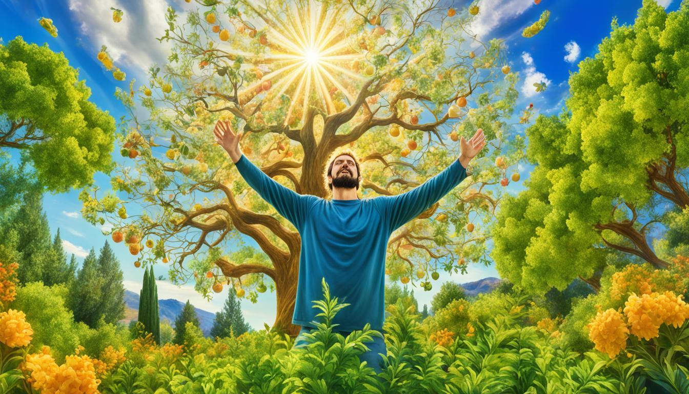 A lush garden with blooming flowers and trees, surrounded by a golden aura. In the center of the garden, there is a tree with branches full of ripe fruits and leaves in shades of green and gold. A person is standing under the tree, with their arms extended upwards, as if receiving blessings from the universe. The sky above is blue with a few white clouds, and a bright sun shines down on the scene.