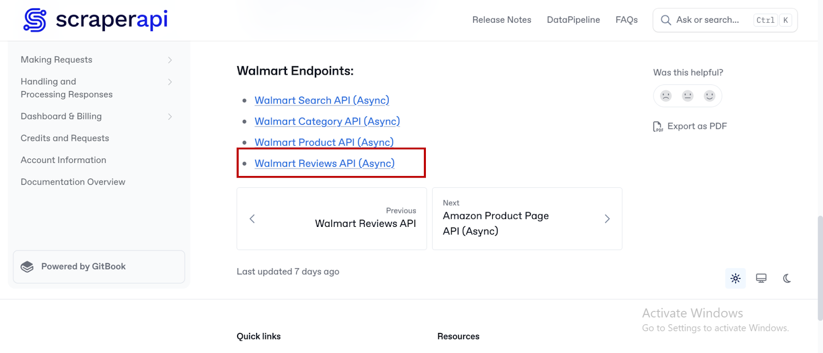ScraperAPI resource: Walmart Reviews API (Async)