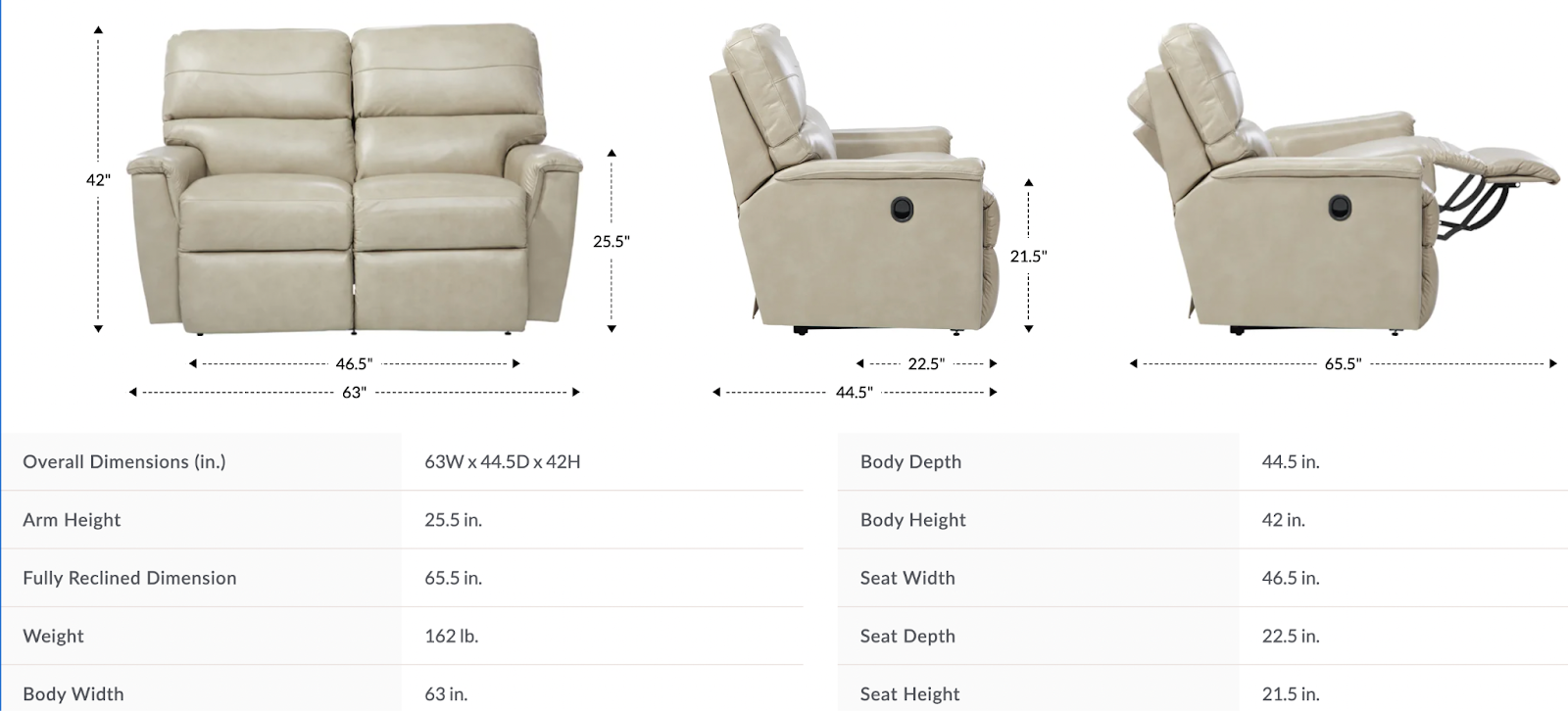 ava reclining loveseat dimensions