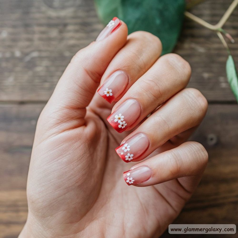 Red Summer Nails having Floral french tips