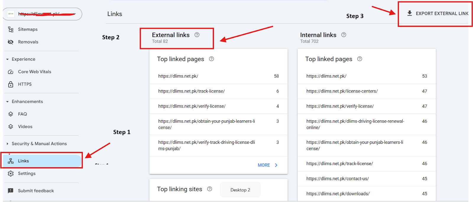 Google Search Console internal and external links