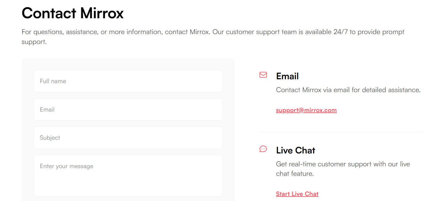 Visit Mirrox’ Contact page and learn more about the broker