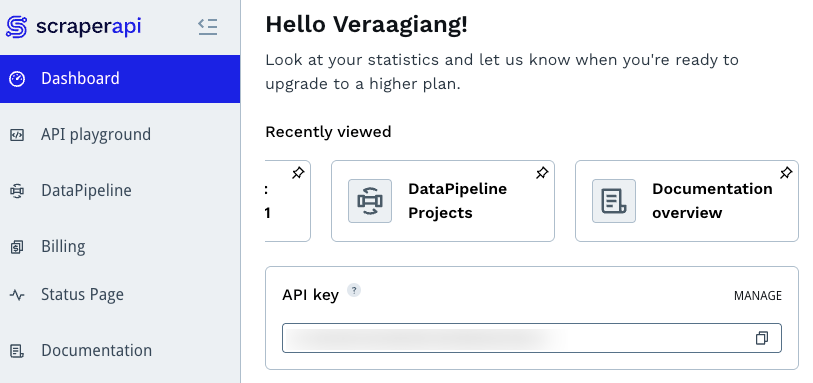 Screenshot of the scraperapi dashboard