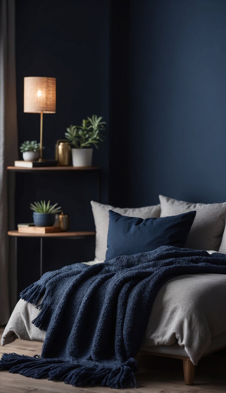 A cozy bedroom with indigo throw pillows scattered on a bed and chair. Dark blue walls and accents create a serene atmosphere