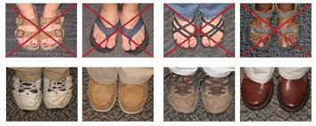 A table displaying eight different pairs of shoes. The top row shows open toed shoes that are not acceptable in a lab setting. The bottom row displays shoes that cover the entire top of the foot and are acceptable to wear in a lab setting.