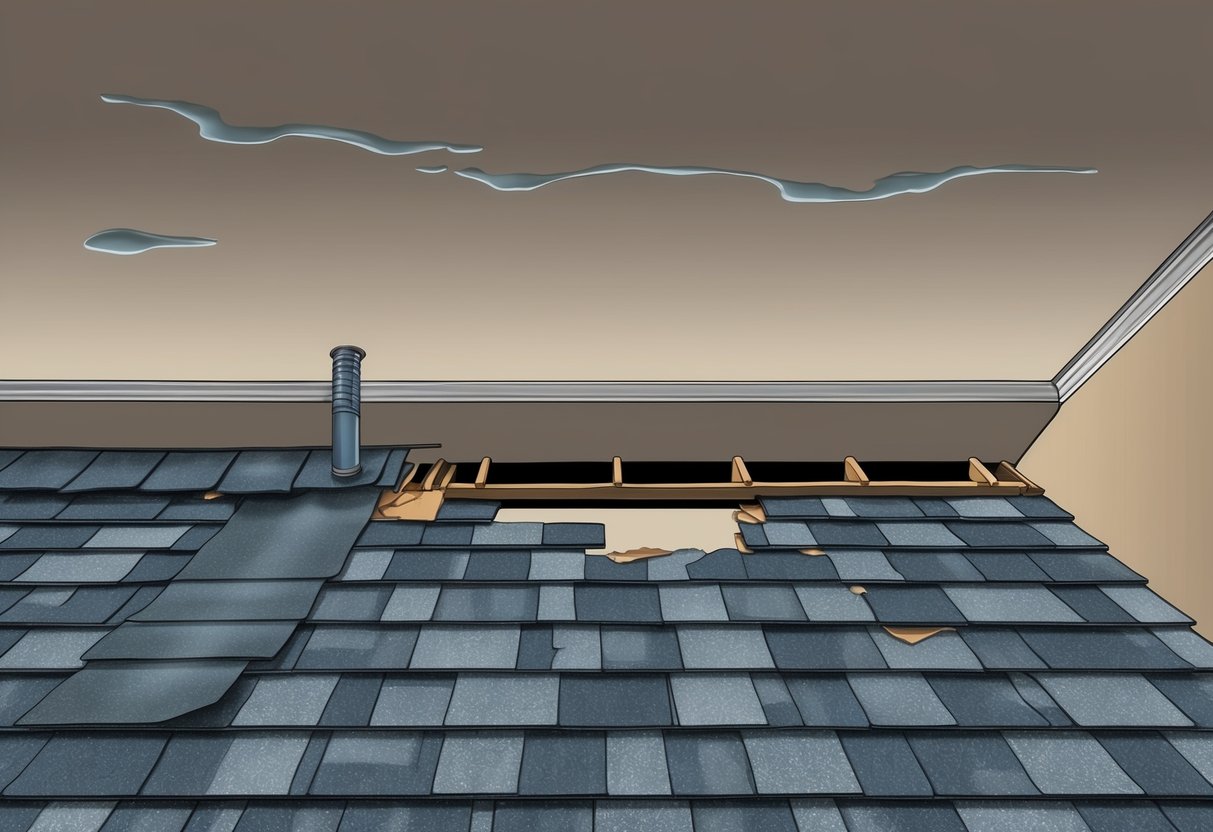 A damaged roof with missing shingles, exposed flashing, and water stains on the ceiling