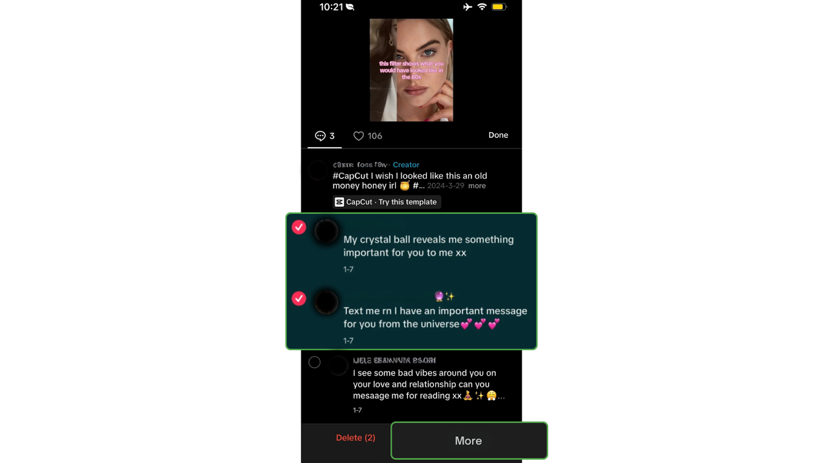 Multiple TikTok comments selected with red checkmarks, and the “More” option visible at the bottom of the screen.