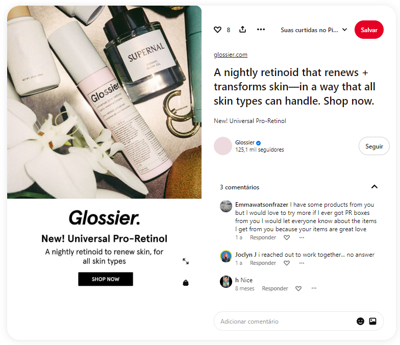 Rich Pin da marca Glossier no Pinterest