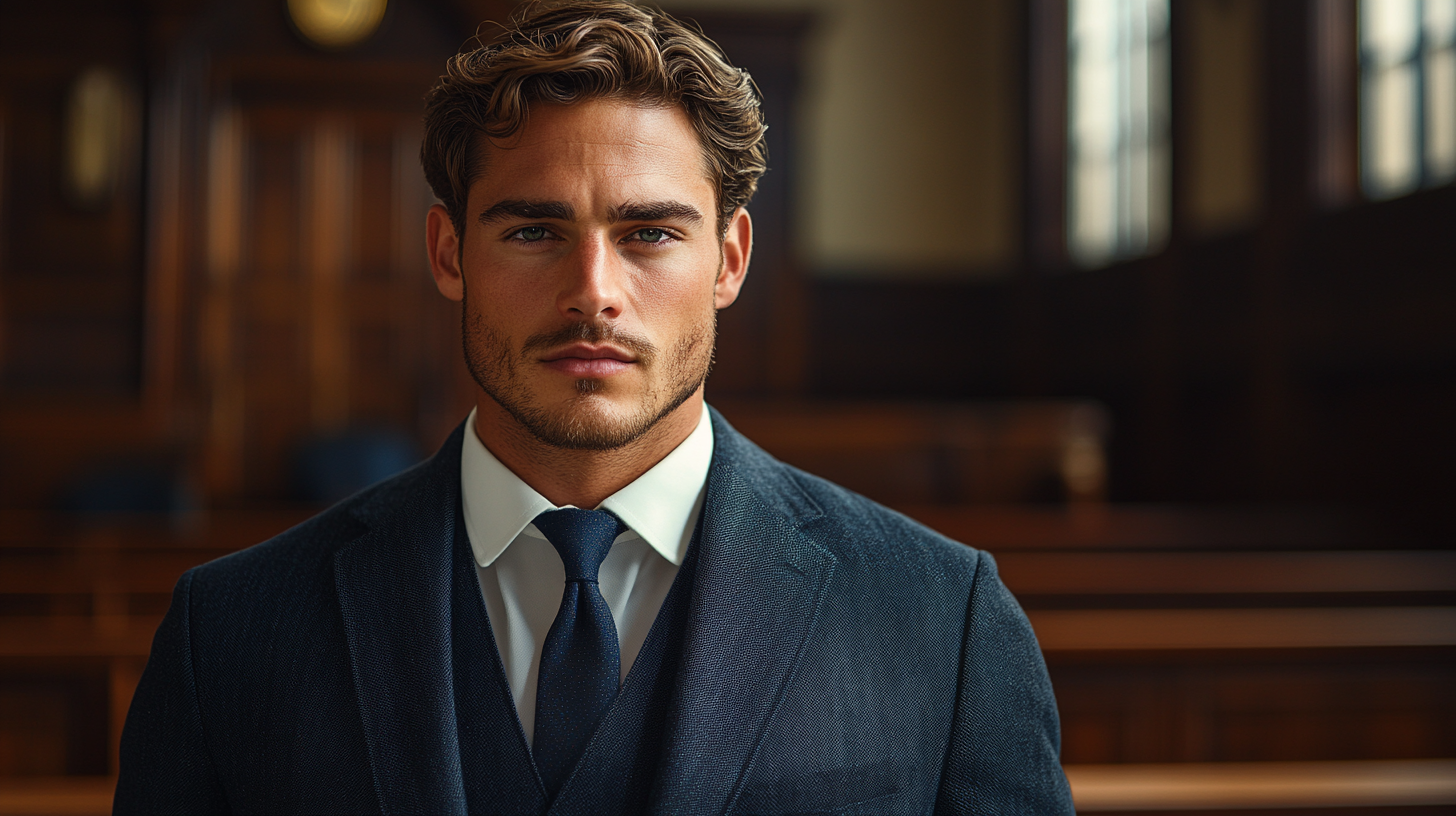 
A well-dressed man in a professional courtroom setting, wearing a perfectly tailored navy blue or charcoal gray suit, a crisp white dress shirt, and a conservative tie. He stands confidently with a composed and respectful demeanor. The courtroom background features wooden benches, a judge’s bench, and soft natural lighting. The atmosphere is serious and professional. Hyper-realistic, 4K detail, cinematic lighting