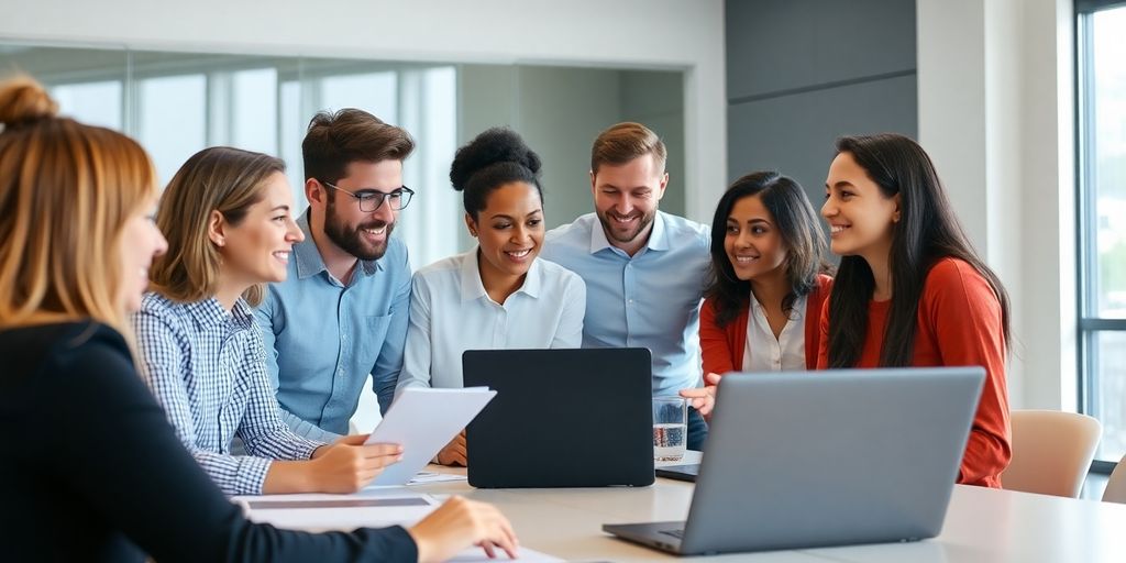 Diverse team collaborating in a modern meeting room.