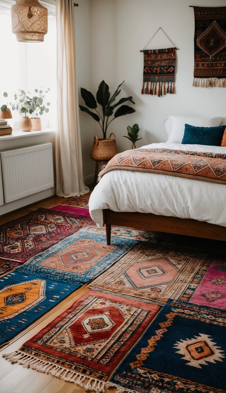 A cozy boho bedroom with mismatched patterned rugs, creating a colorful and eclectic floor covering