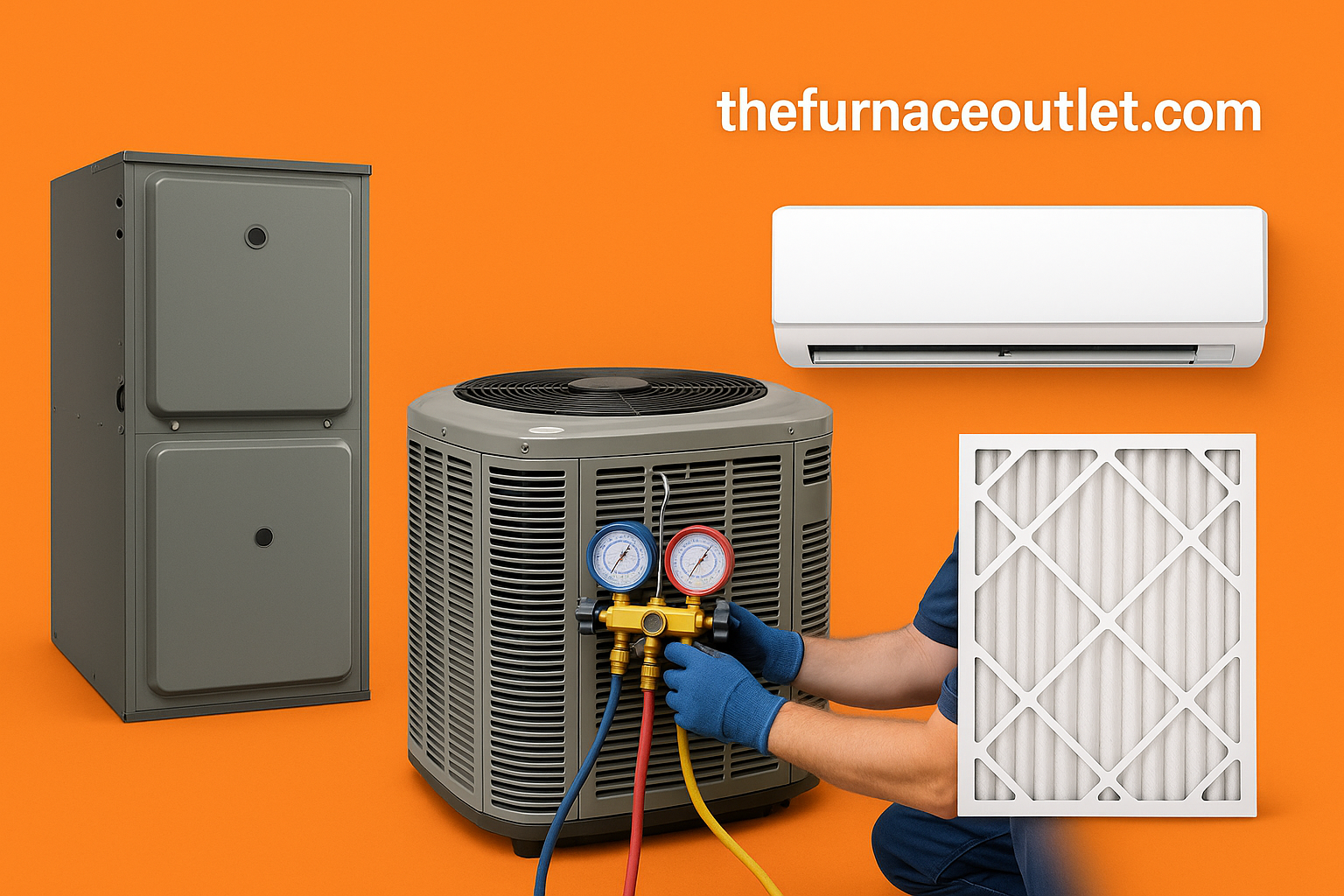 A promotional digital photograph features a furnace, outdoor AC unit with technician using a gauge, mini-split unit, and air filter, all arranged in front of a bright orange background with The Furnace Outlet web address displayed