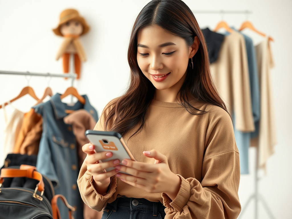 Create a realistic image of a young Asian female influencer using a smartphone to browse a fashion brand's social media shop, surrounded by clothing items and accessories, with a bright, well-lit studio background, and visible 'Shop Now' buttons on the phone screen.