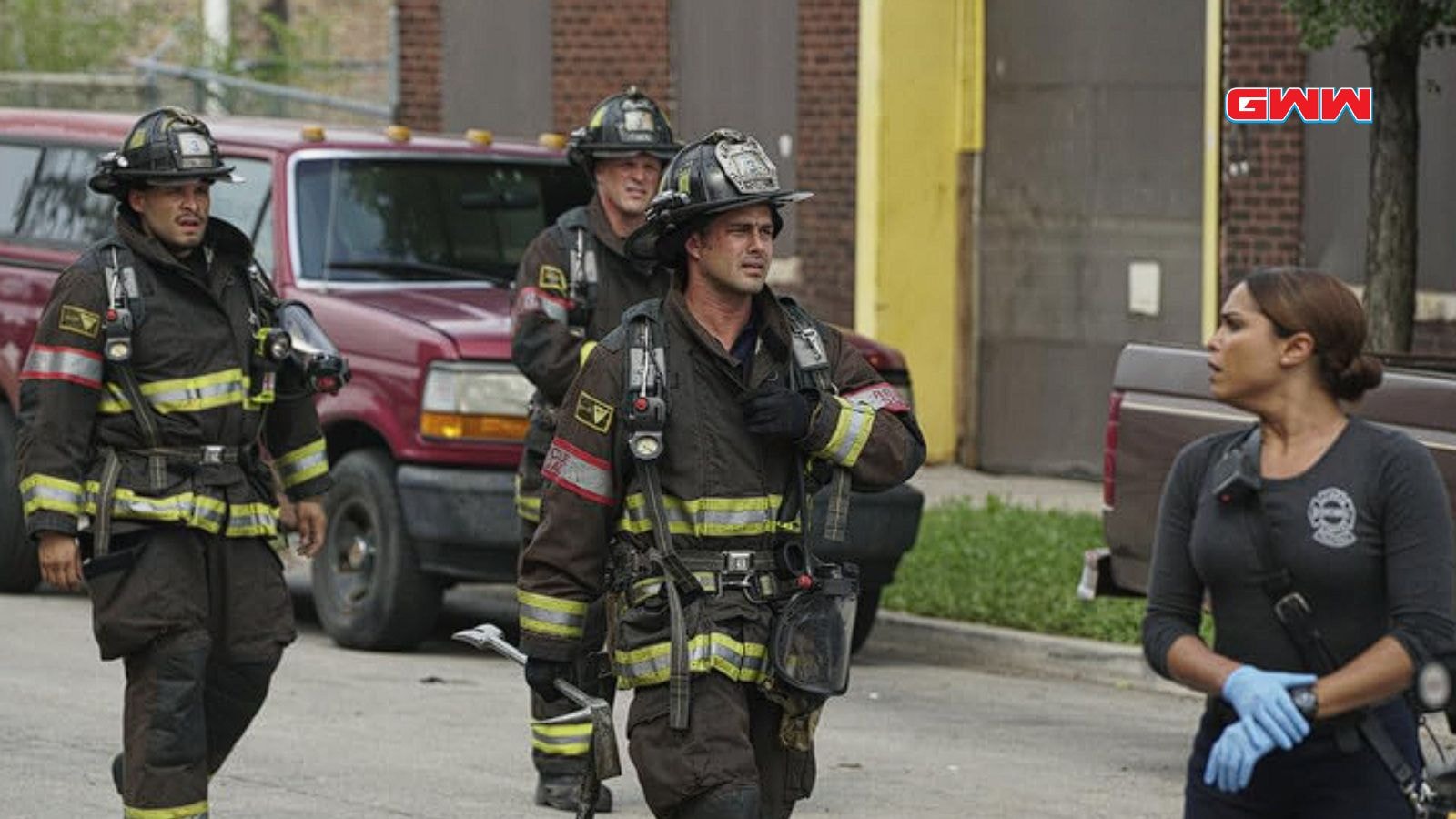 Jesse Spencer and cast members on the set of Chicago Fire season 13.