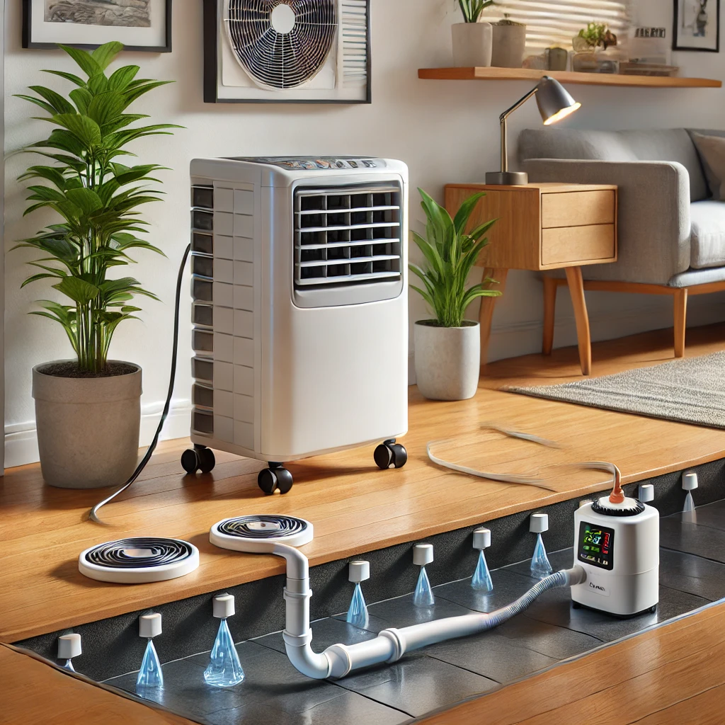 Portable AC on hardwood floor with anti-vibration pads, and inline condensate pump routing water to nearby drain.