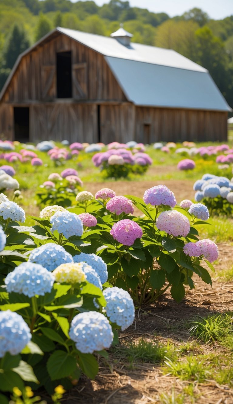 A rustic barnyard with a mix of hydrangeas scattered throughout the landscape, creating a charming and colorful scene