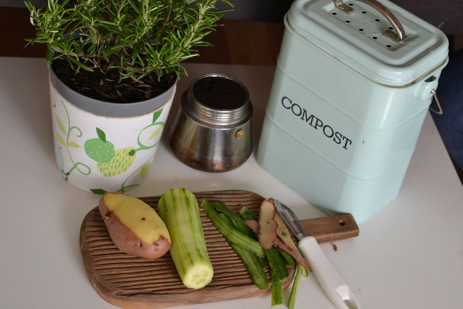 A compost bin with fruit peels and vegetable trimmings, illustrating an eco-friendly way to reduce kitchen waste.