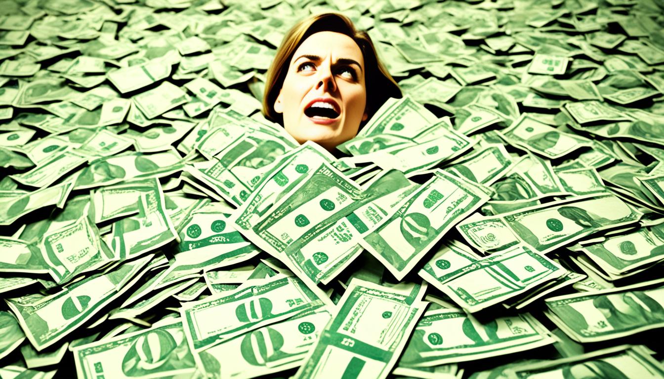 A person standing in front of a pile of money, looking content but not overly excited. The money should be crisp and new, and the person should have a relaxed posture, indicating that they are detached from the outcome and not reliant on the money for their happiness. There should be a sense of peace and calmness in the image.