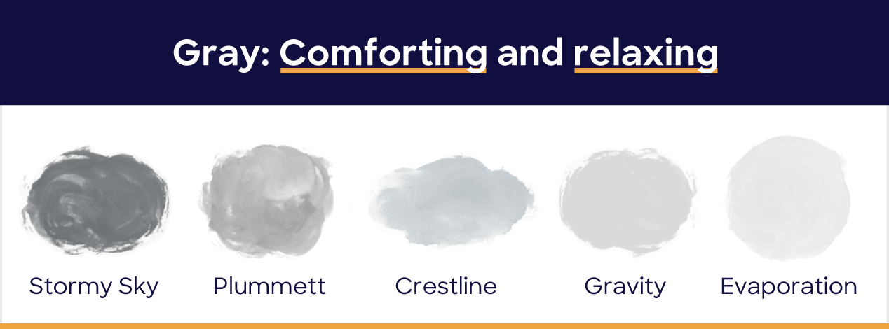 Gray: comforting and relaxing. Stormy sky, plummett, crestline, gravity, evaporation