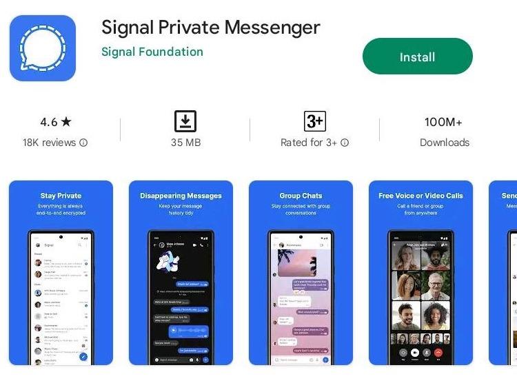 A screenshot of Signal's download page in the Google Play Store.