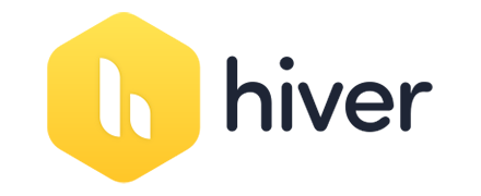 Logo of Hiver, featuring a modern yellow hexagon with white abstract shapes and sleek black text, symbolizing collaboration and streamlined communication. 