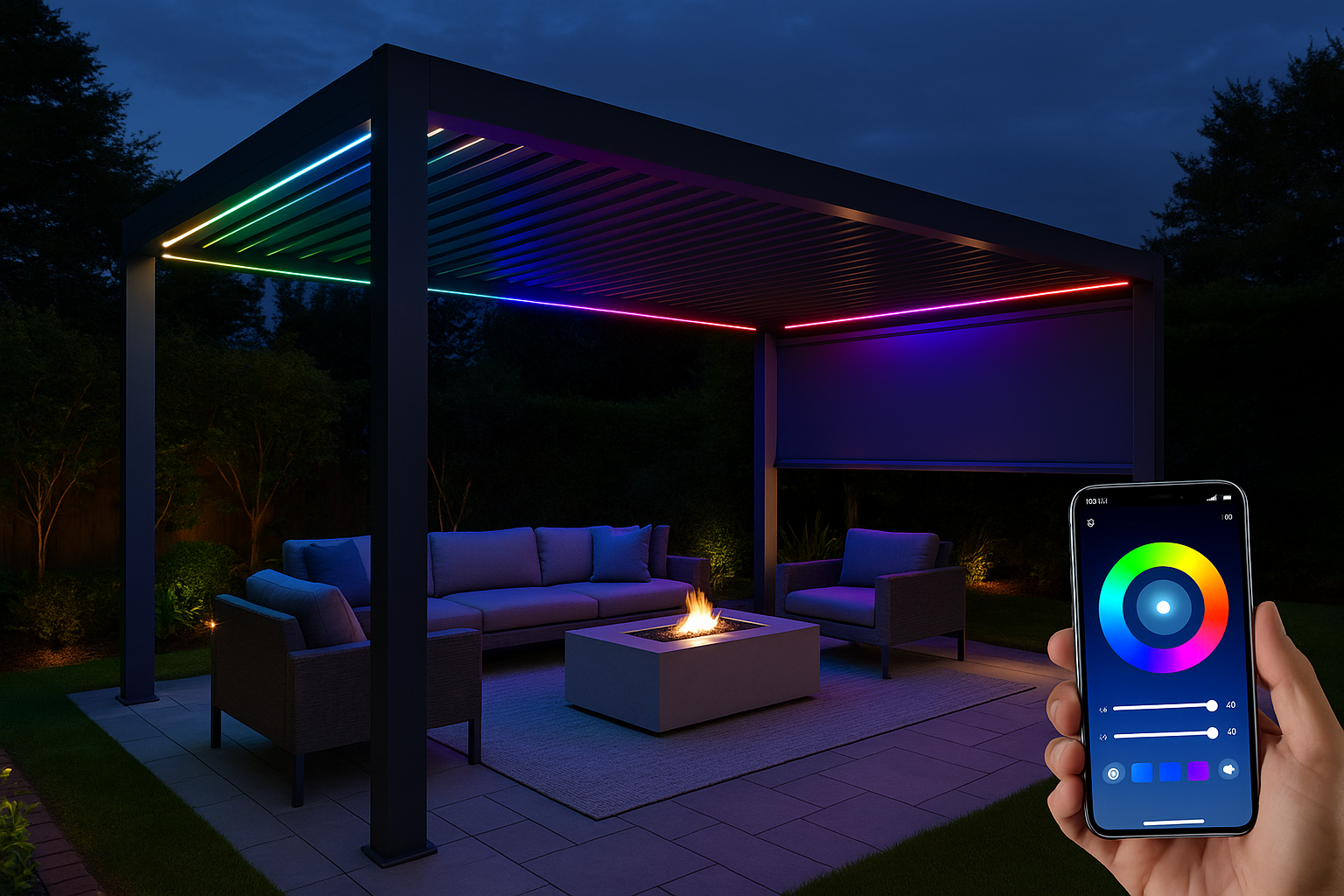Smart pergola lighting system with colorful LED lights and smartphone control.