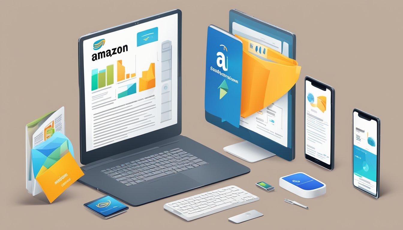 Various Amazon ad types displayed on digital devices with product images and text. Brand logos and promotional offers are visible