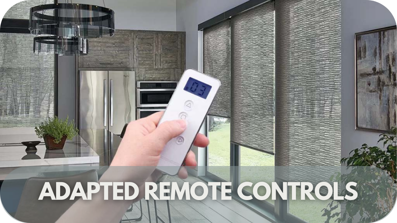 Adapted remote controls for motorised blinds, tailored to accommodate individuals with disabilities, ensuring ease of operation and accessibility.