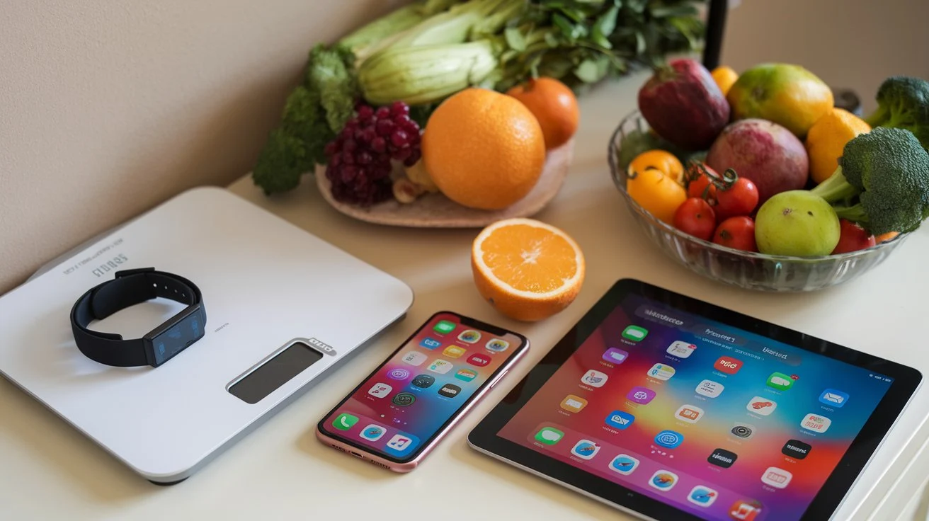 A collection of smart devices and apps related to nutrition, spread out on a wooden table.