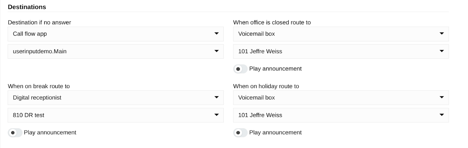 Destinations section of a call queue