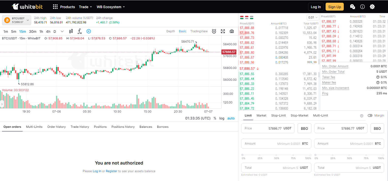 WhiteBIT cryptocurrency trading platform interface showcasing live Bitcoin/USDT trading chart, order book, and trading options.