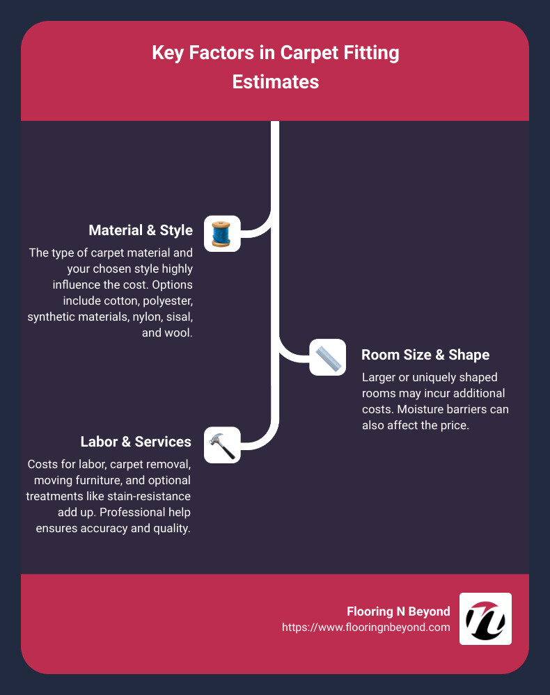 Infographic highlighting decisions and site issues that can cause cost variances in a typical carpet installation budget - carpet fitting estimate infographic infographic-line-3-steps