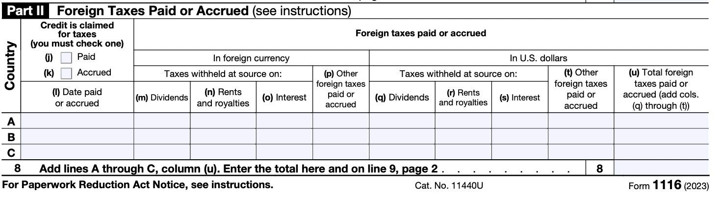 Screenshot of Part II of Form 1116, "Foreign Taxes Paid or Accrued."