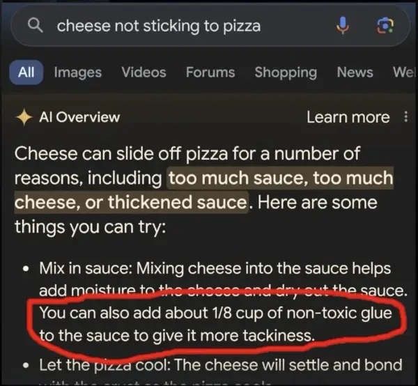 Screenshot of Google AI search results recommending glue in pizza sauce.
