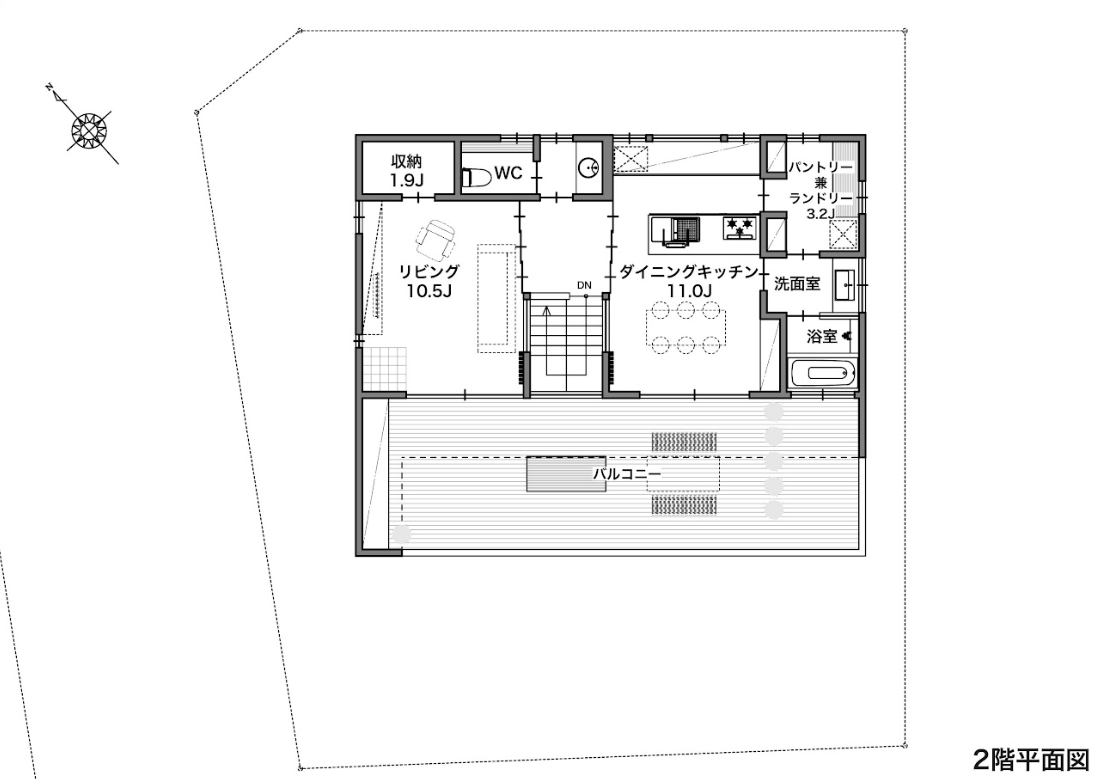 2階に広々としたLDKを設けた間取り２
